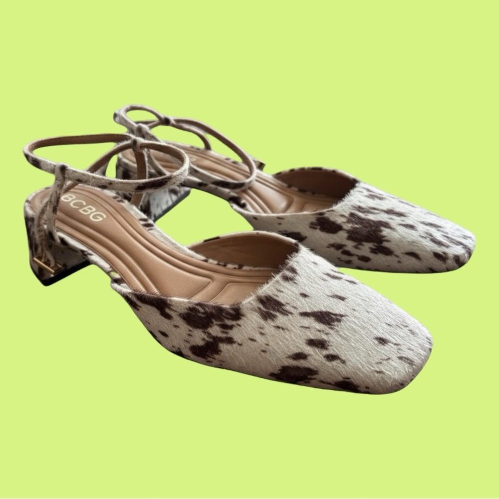BCBG Cow Print Block Heel Sandals
